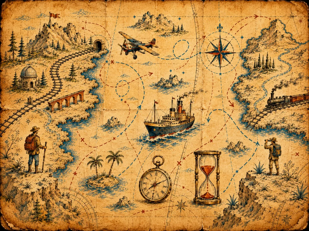 Mapa ilustrado de viajes, exploración, tiempo y cartografía