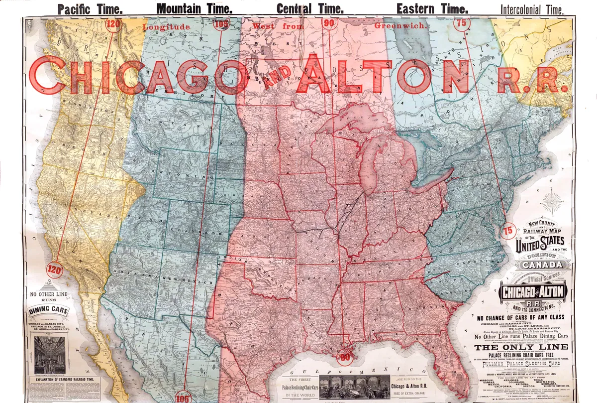 Map of the Chicago and Alton Railroad time zones in 1883 and 1884