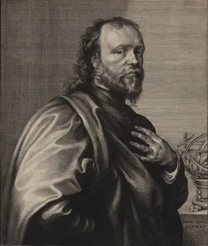 Engraving of Sir Kenelm Digby beside an armillary sphere