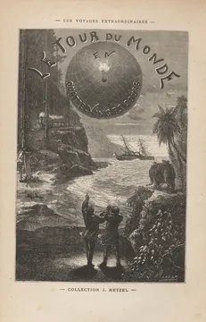Illustrated title page from a French edition of Around the World in Eighty Days