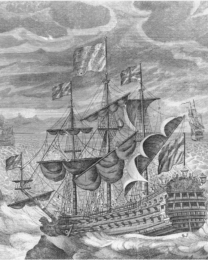 Engraving of HMS Association during the 1707 Scilly naval disaster